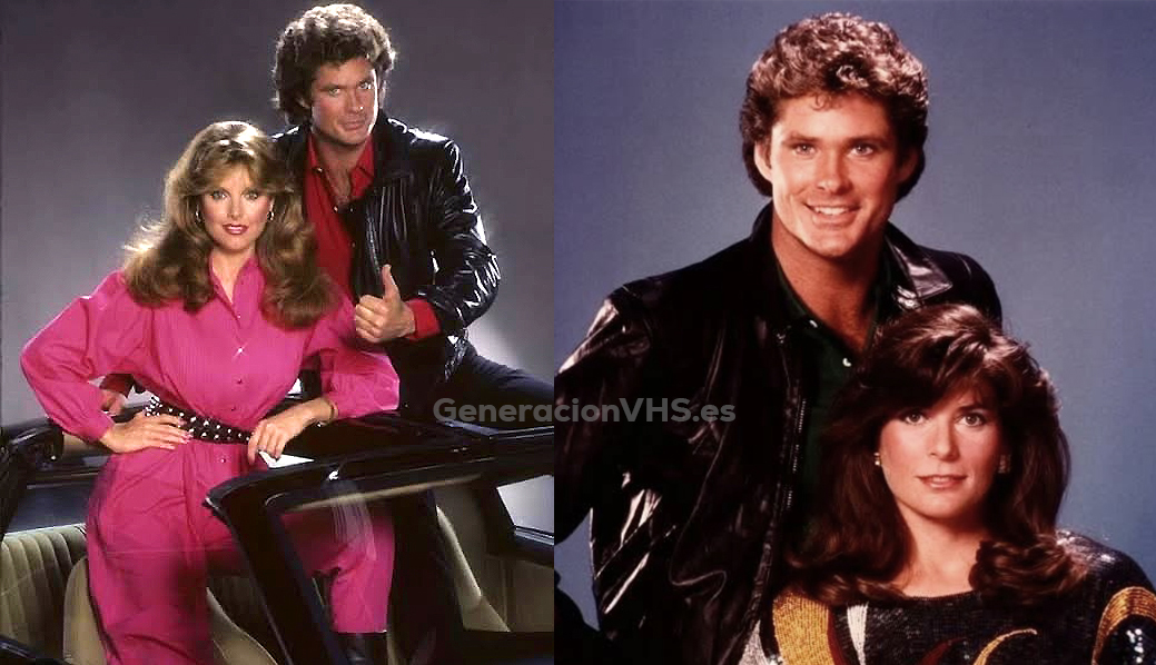 Dos fotos promocionales de El coche fantástico con Michael Knight junto a April, de rosa, y junto a Bonnie.