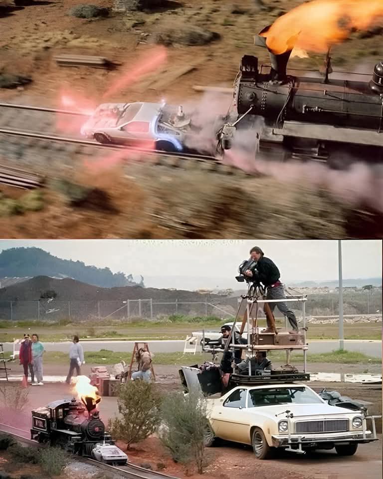 Fotograma de la escena del tren de Regreso al futuro 3 y foto del rodaje.