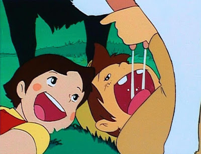 Dibujo de Heidi y Pedro bebiendo leche de la ubre de una cabra