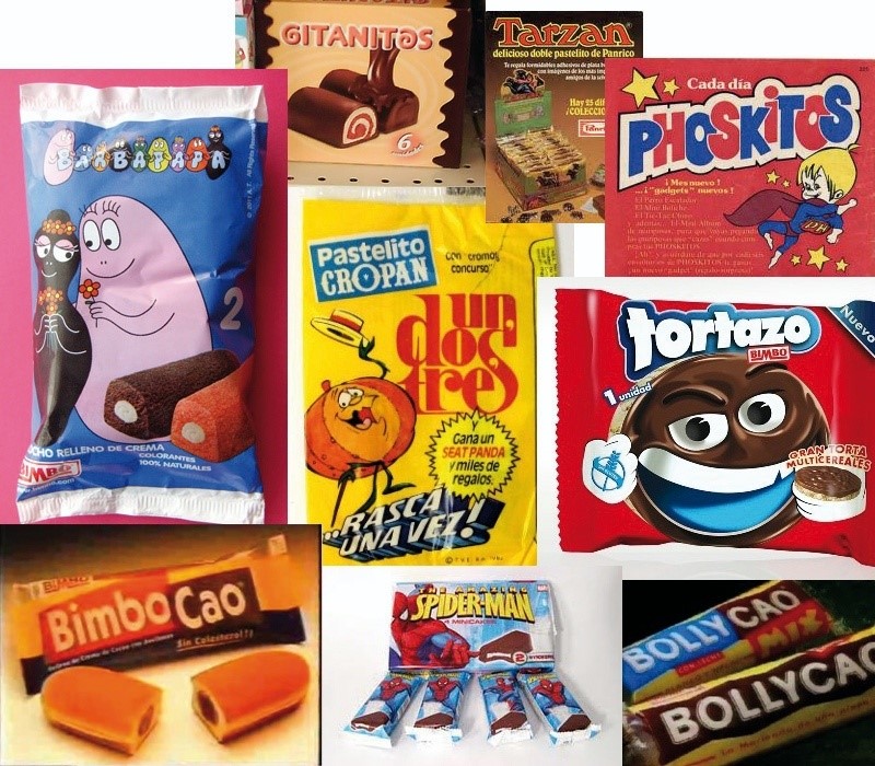Envoltorios de bollos: Gitanitos, Tarzán, Phoskitos, pastelito Chopan, Tortazo, Bimbo Cao y Bollycao.