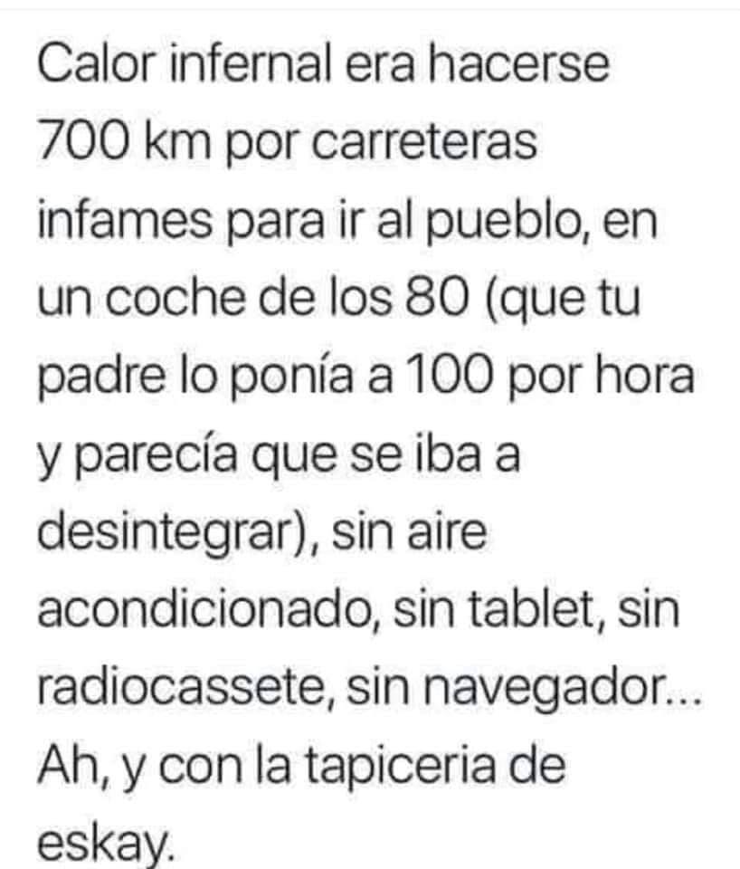 Texto negro sobre fondo blanco sobre el viaje al pueblo en verano en un coche de los 80.