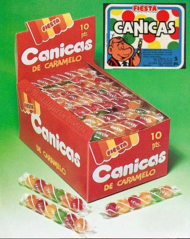 Anuncio de canicas de caramelo Fiesta a 10 pesetas con su caja expositora.