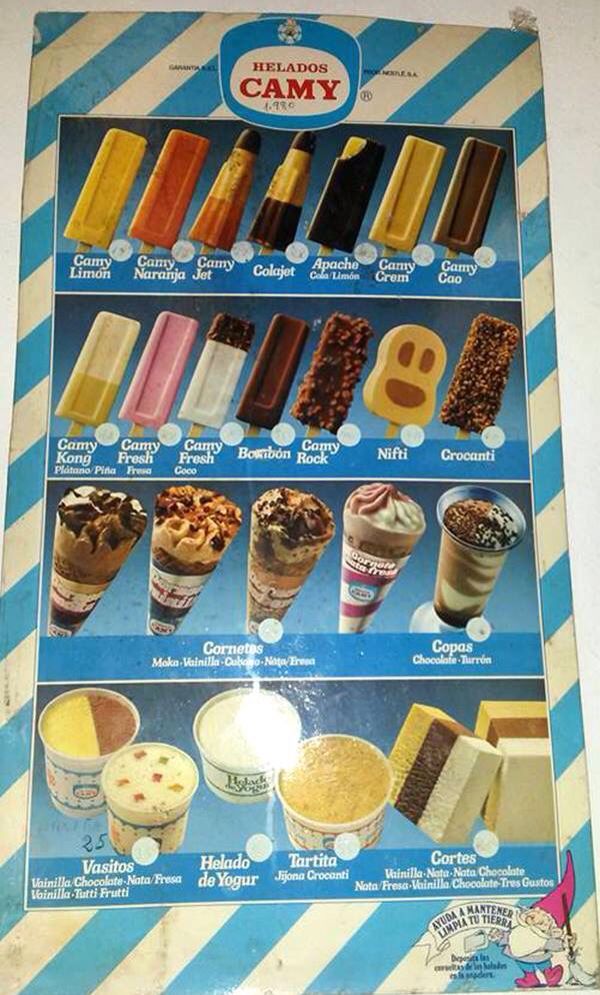 Cartel de helados Camy con polos, bombones, cornetes, copas y cortes.