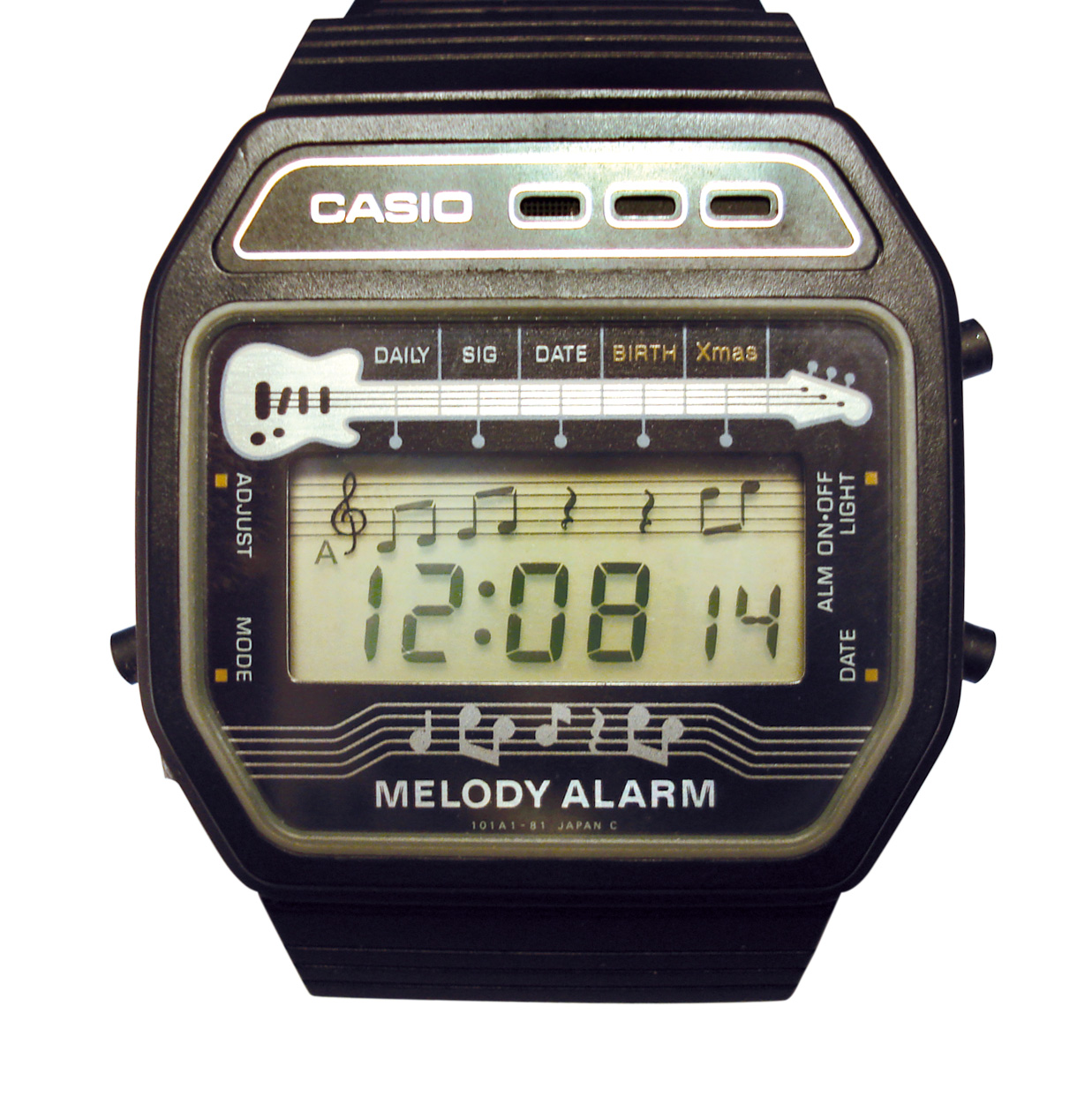 Reloj Casio Melody Alarm con una guitarra en la pantalla.