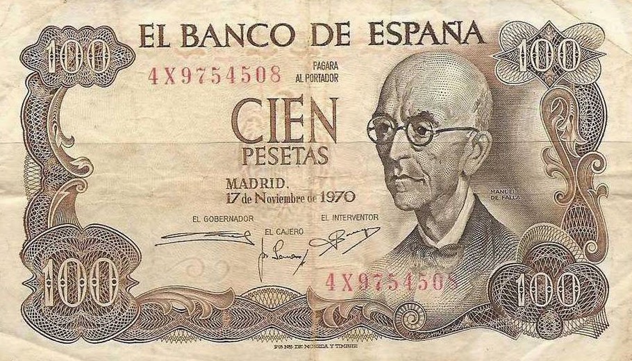 Billete de 100 pesetas de 1970 con Manuel de Falla.