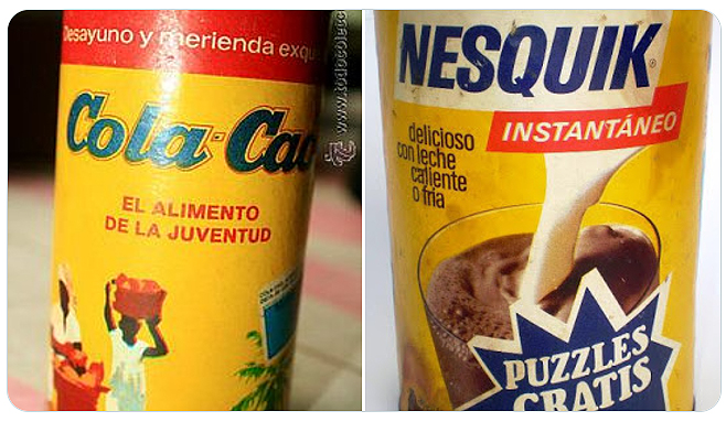 Dos botes antiguos amarillos: uno de Cola Cao y otro de Nesquik.