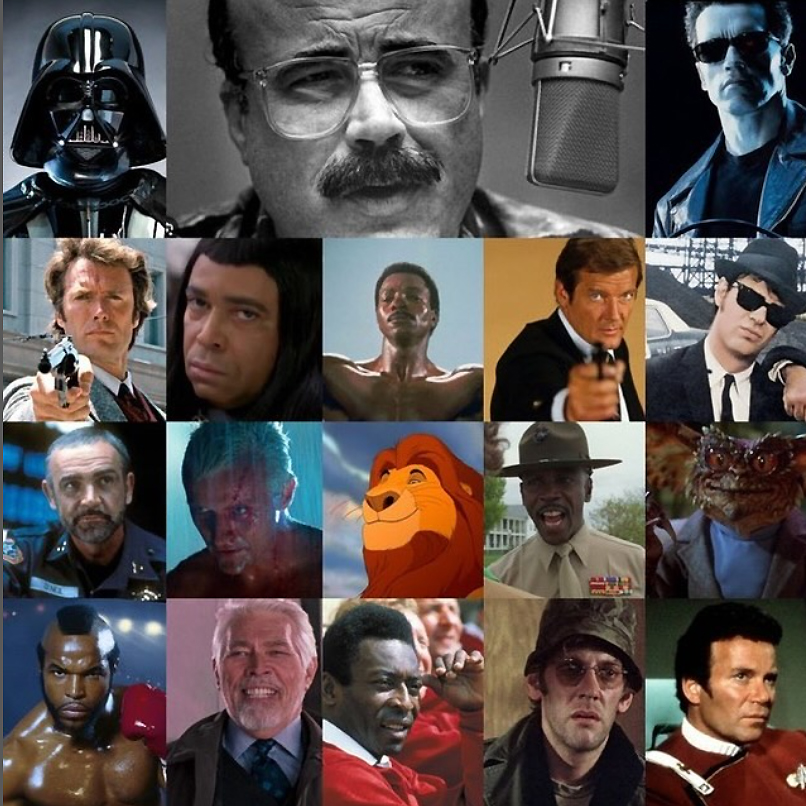 Collage de personajes de cine doblados por Constantino Romero con su retrato en el centro