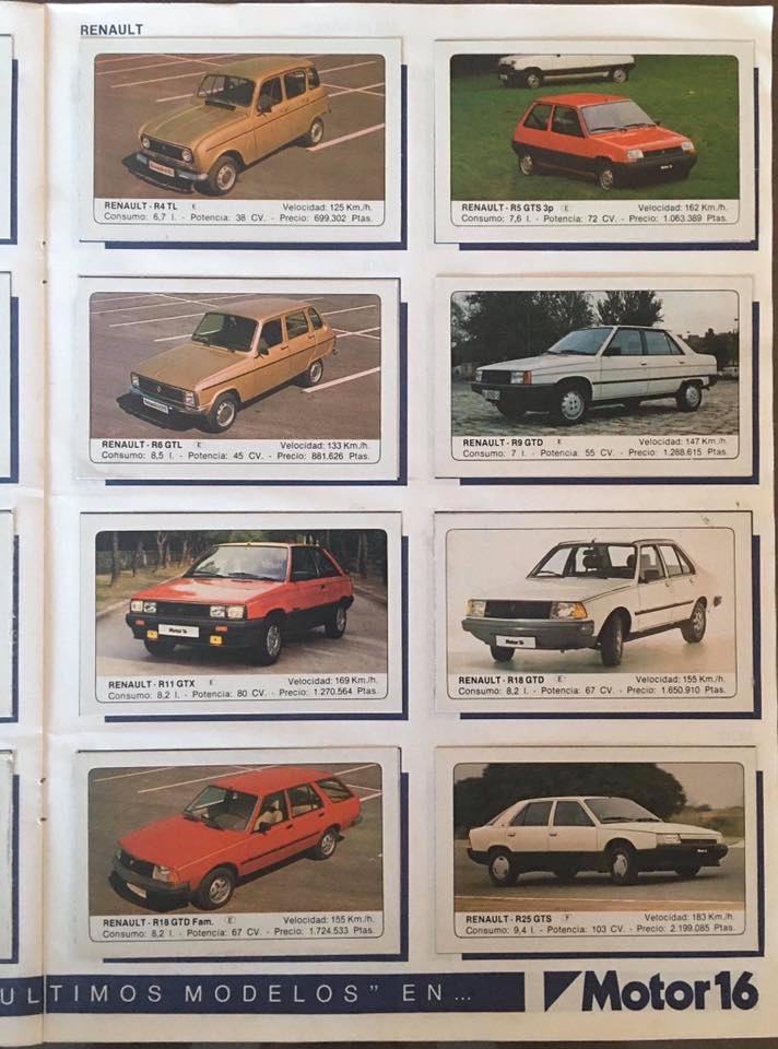 Hoja con cromos de coches Renault.