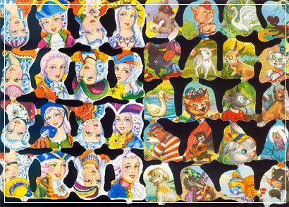 Lámina de cromos troquelados con damas antiguas y animales.