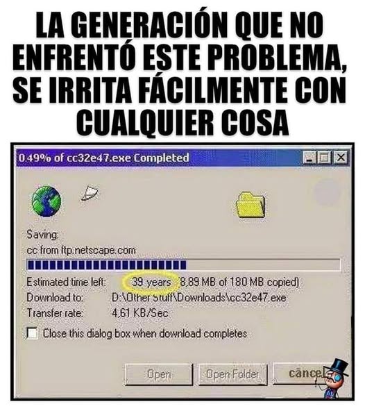 Ventana de descarga de Windows con una barra de progreso y un tiempo estimado de 39 años rodeado en amarillo.