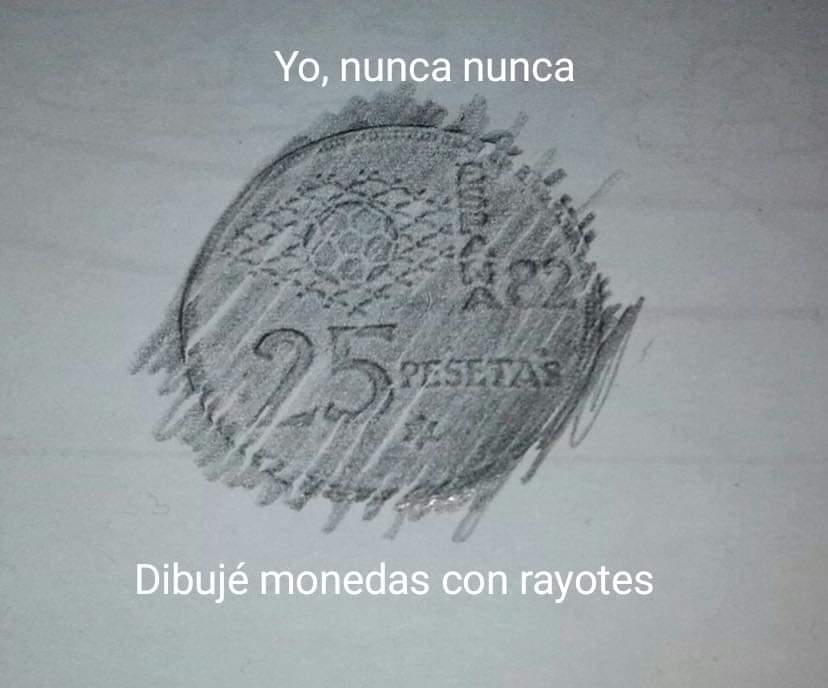 Moneda de 25 pesetas del Mundial 82 calcada con lápiz sobre un papel.