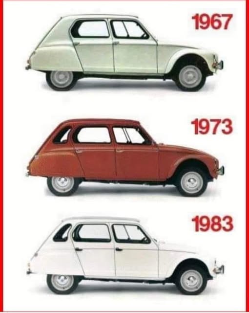 Tres Citroën Dyane 6 de 1967, 1973 y 1983, casi idénticos.