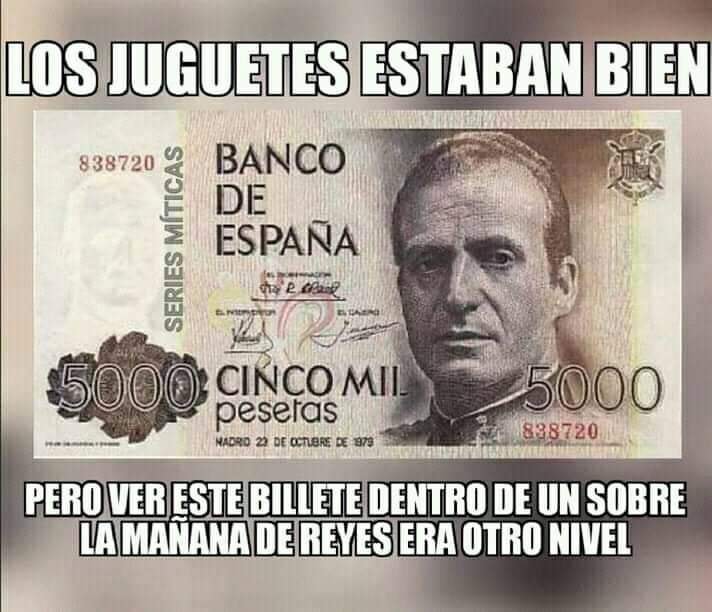 Billete de 5.000 pesetas de color marrón con el retrato del rey Juan Carlos I.