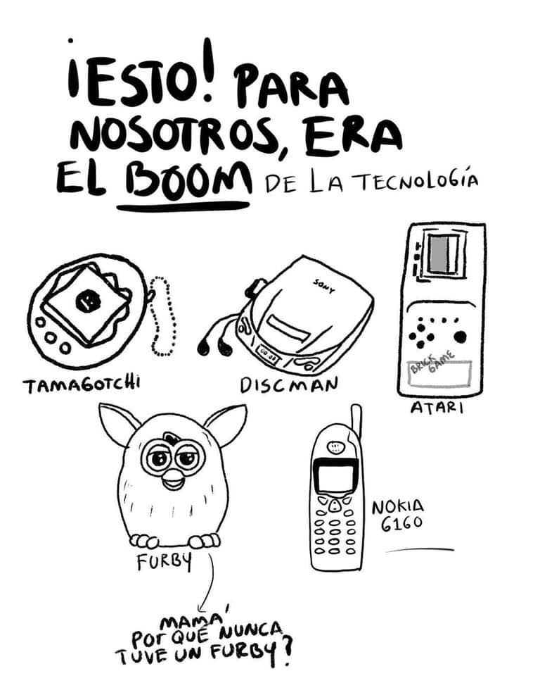 Dibujo a mano de un Tamagotchi, un Discman, una maquinita de juegos, un Furby y un móvil Nokia.