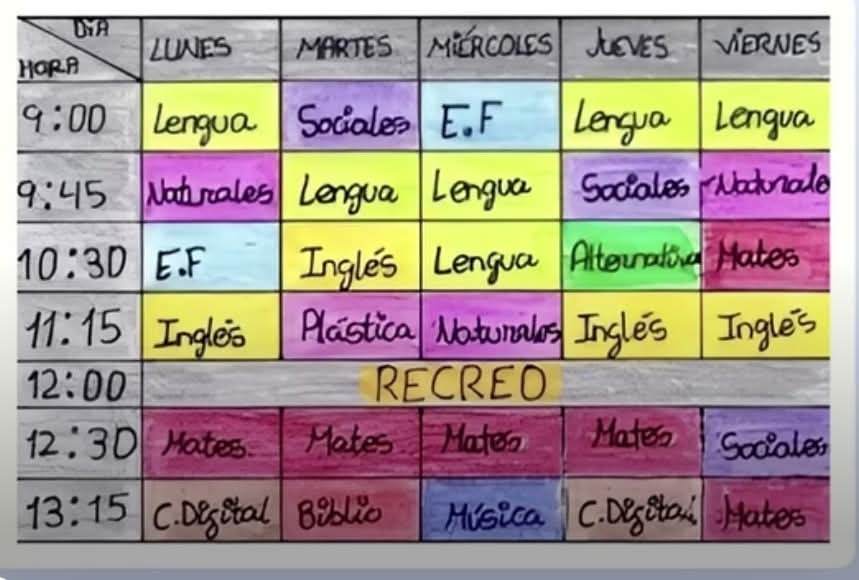 Horario escolar de colores con las asignaturas de la semana