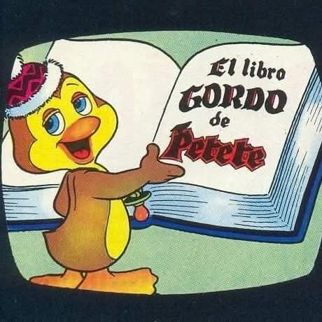 Ilustración del pingüino Petete con gorro morado señalando un libro abierto en el que pone El libro gordo de Petete.