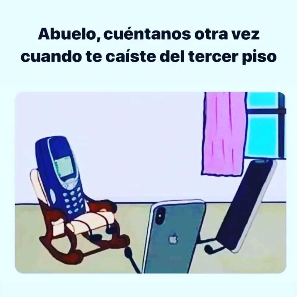 Dibujo de un Nokia 3310 sentado en una mecedora mientras dos smartphones lo escuchan.