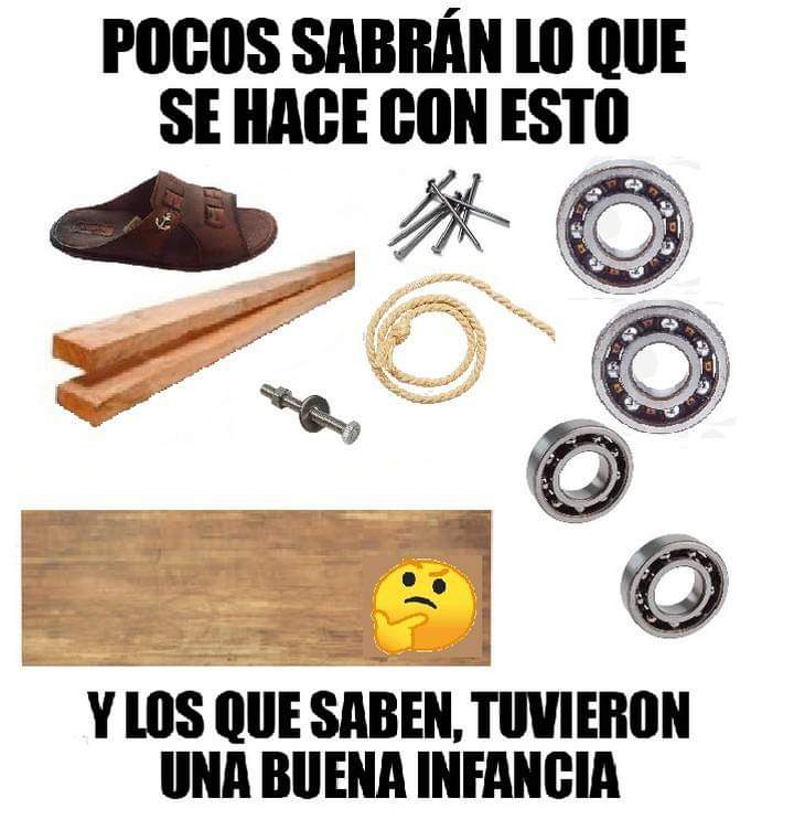 Tablas de madera, rodamientos metálicos, clavos, cuerda, un tornillo y una zapatilla.