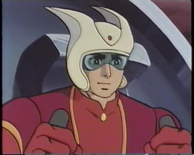 Personaje de dibujos animados con casco blanco pilotando una nave