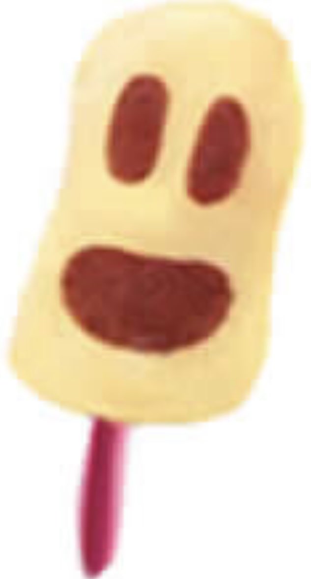 Polo de helado blanco con ojos y boca de chocolate y palo rosa.
