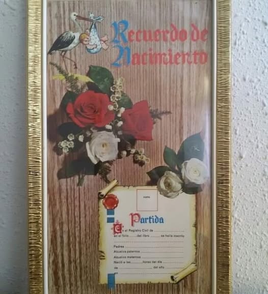 Cuadro de recuerdo de nacimiento con una cigüeña, rosas y una partida para rellenar