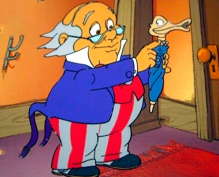 Personaje de dibujos mayor con chaqueta azul y un paraguas con mango de pato