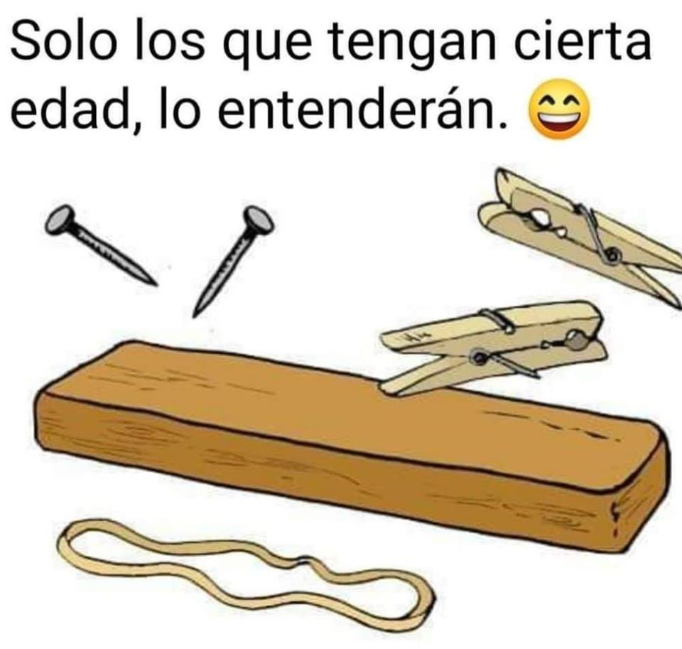 Dibujo de una tabla de madera, dos clavos, dos pinzas de la ropa y una goma elástica.