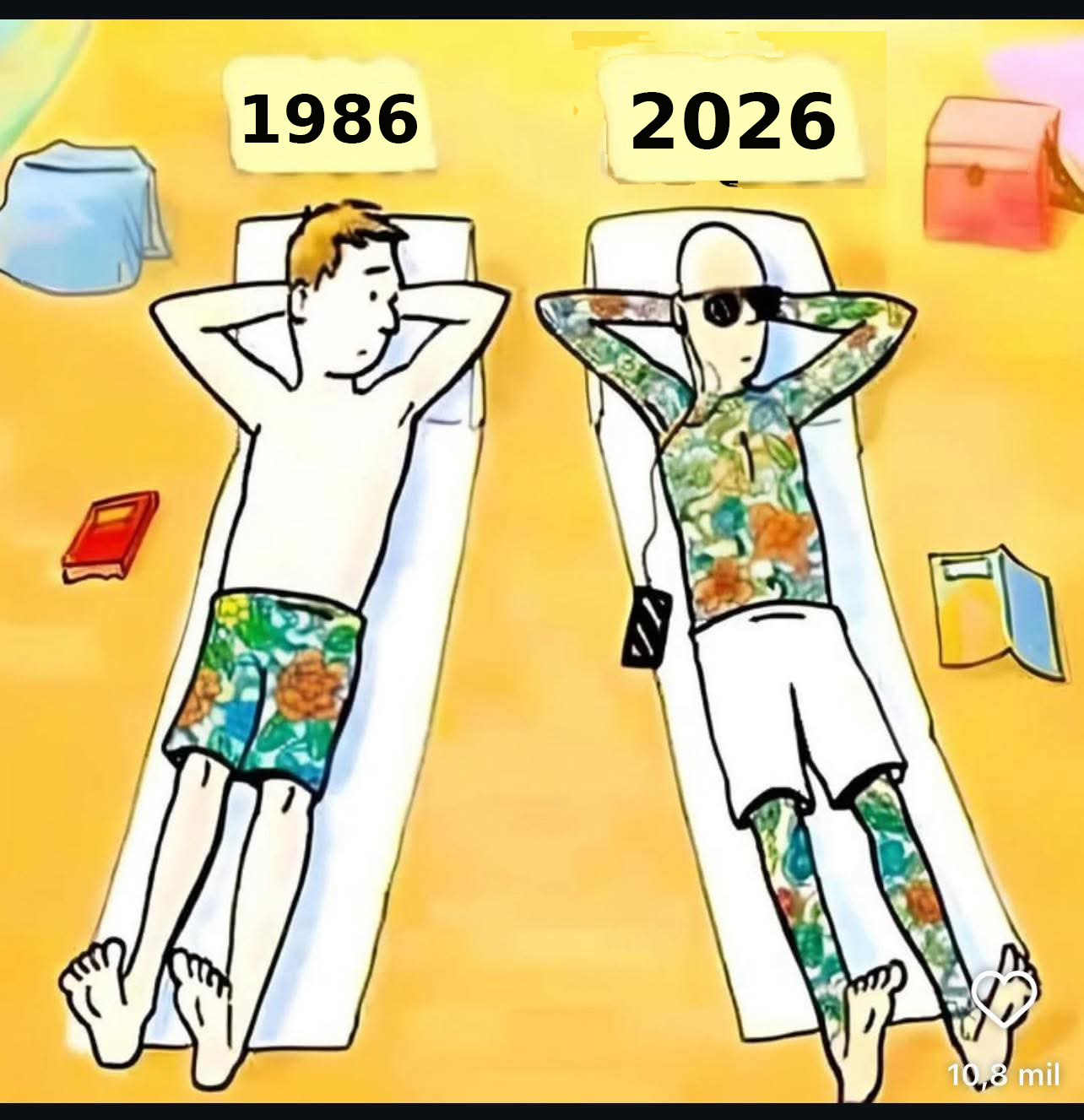 Dibujo de dos hombres tumbados en la playa: uno de 1986 con bañador de flores y otro de 2026 con tatuajes de flores.