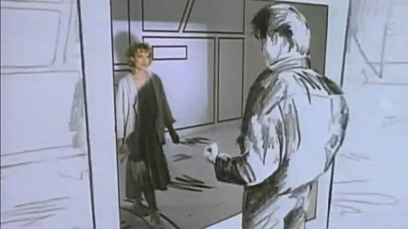 Fotograma de un videoclip en blanco y negro dibujado a lápiz con una mujer y un hombre.