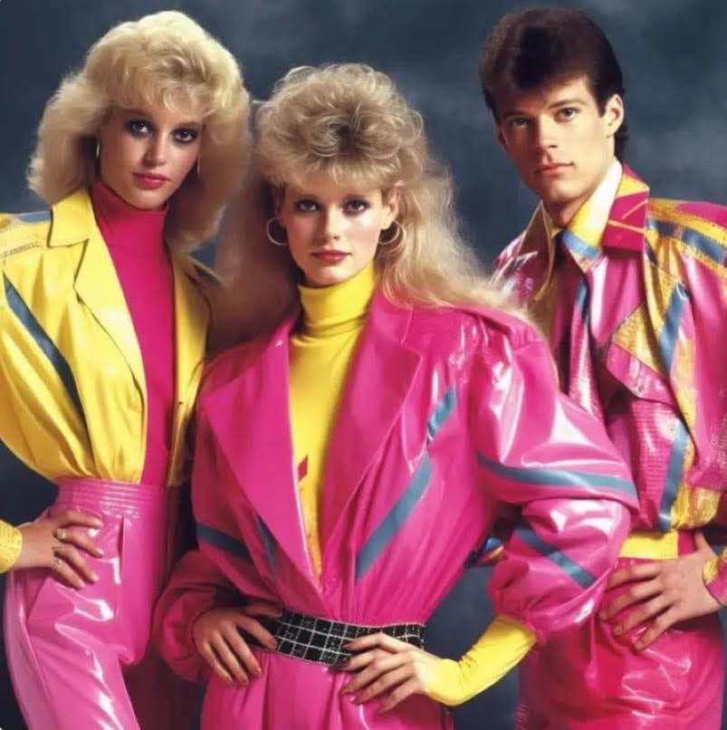 Tres modelos con ropa de colores fucsia y amarillo y peinados cardados.