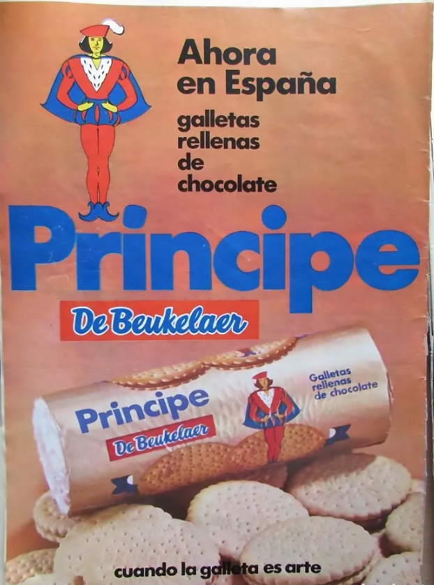 Anuncio antiguo de galletas Príncipe de Beukelaer con el príncipe dibujado y el paquete.