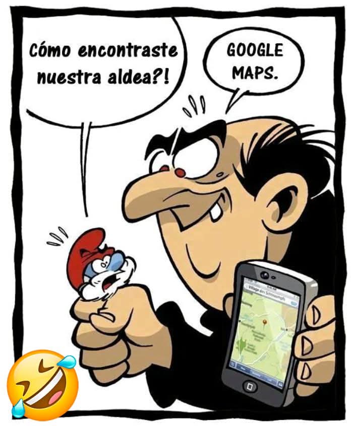 Viñeta de Gargamel sujetando a Papá Pitufo con una mano y un móvil con un mapa en la otra.