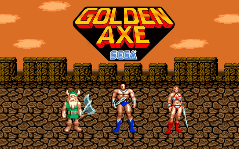 Pantalla de Golden Axe con sus tres personajes.