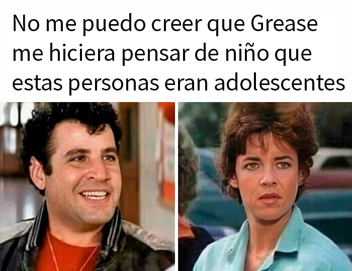 Dos fotogramas de la película Grease: un chico moreno sonriente con chupa de cuero y una chica de pelo corto castaño con camisa azul.