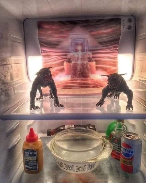 Nevera abierta con dos gremlins dentro.
