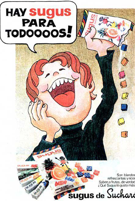 Anuncio de Sugus de Suchard con un niño pelirrojo riendo y caramelos de colores.