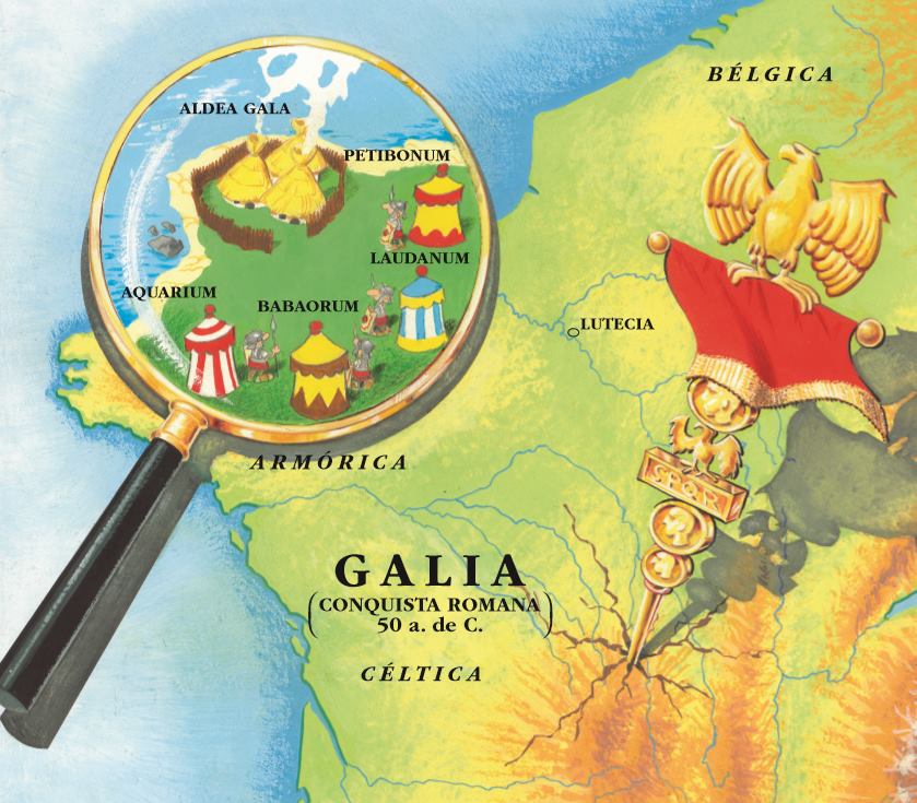 Mapa de la Galia con la aldea de Astérix bajo una lupa.