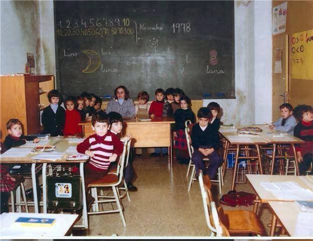 Niños en un aula con pupitres y pizarra con la fecha de 1978
