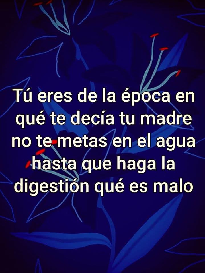 Texto blanco sobre fondo azul oscuro con flores sobre esperar a hacer la digestión para bañarse.