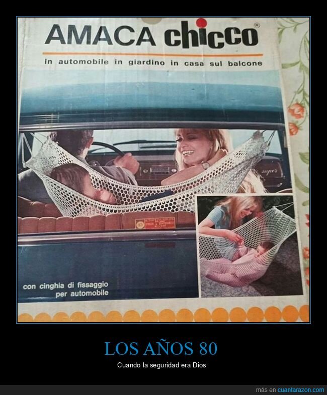 Caja antigua de una hamaca de Chicco con la foto de un niño en una hamaca dentro de un coche.