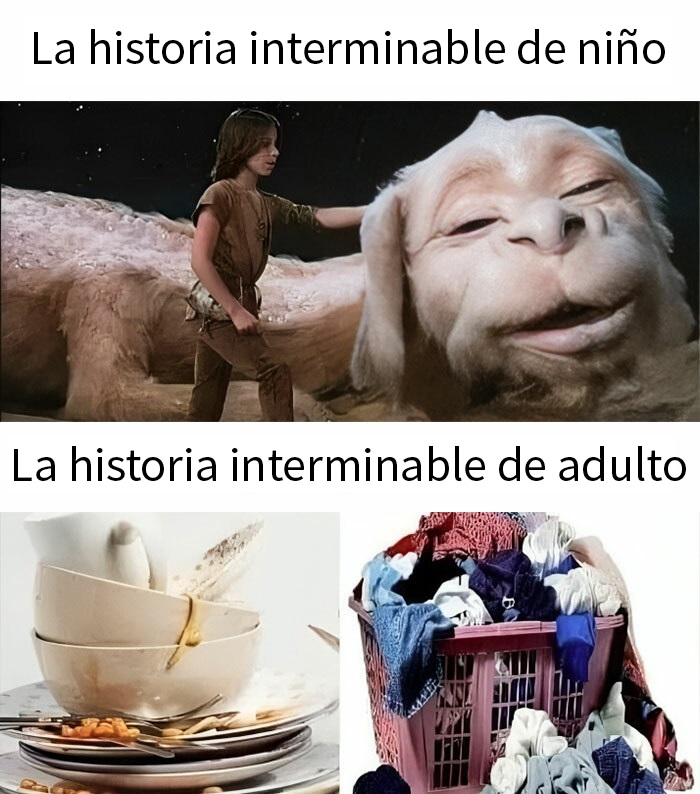 Arriba, Atreyu acariciando al dragón Fújur; abajo, platos sucios apilados y un cesto lleno de ropa.