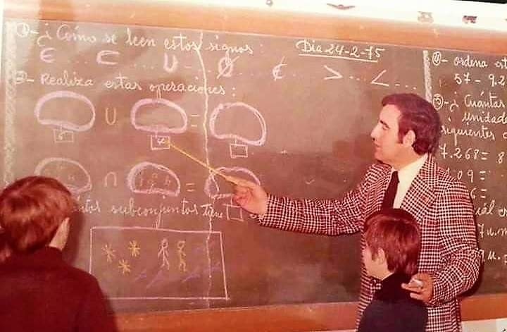 Profesor explicando conjuntos en la pizarra ante sus alumnos