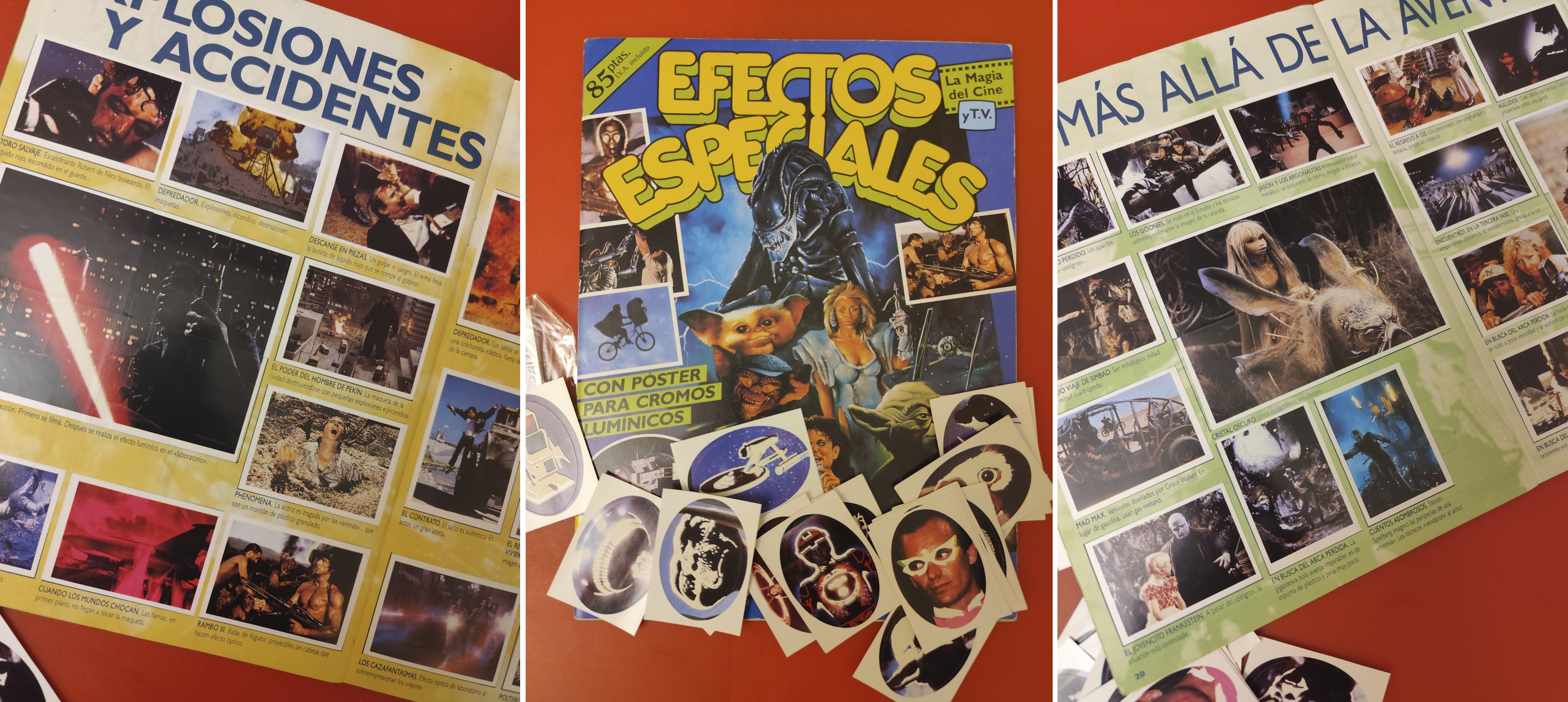 Álbum de cromos Efectos especiales abierto con cromos de películas.