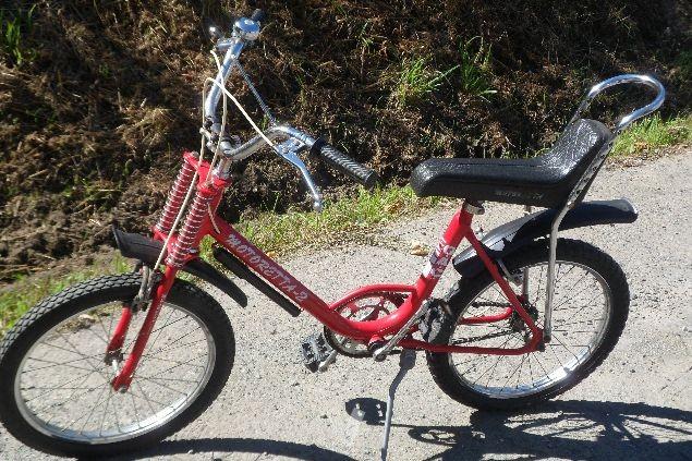 Bicicleta infantil roja con sillín alargado.