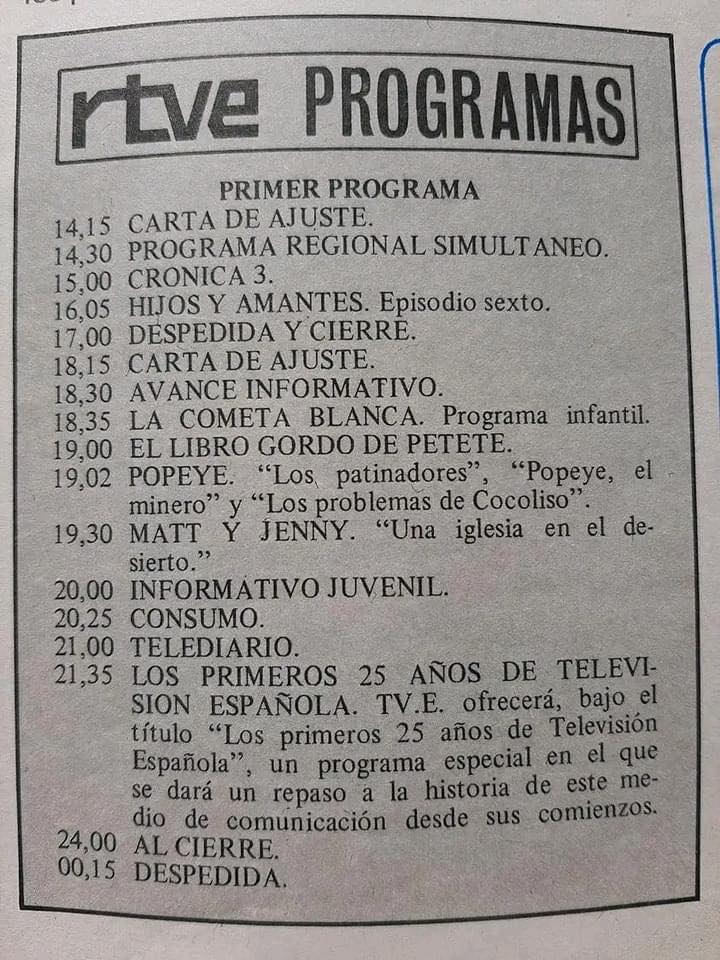 Recorte de periódico con la programación del primer programa de RTVE
