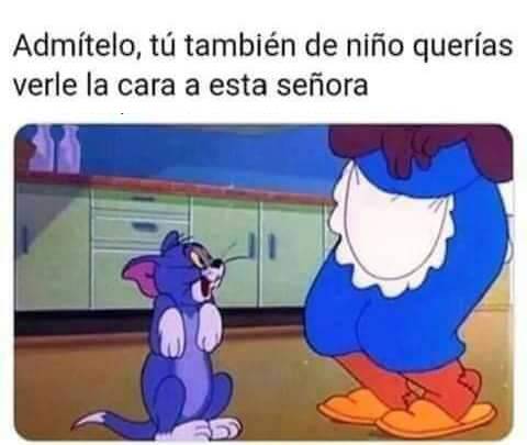 Dibujo del gato Tom mirando a la dueña de la casa, de la que solo se ven las piernas, el delantal y las zapatillas.