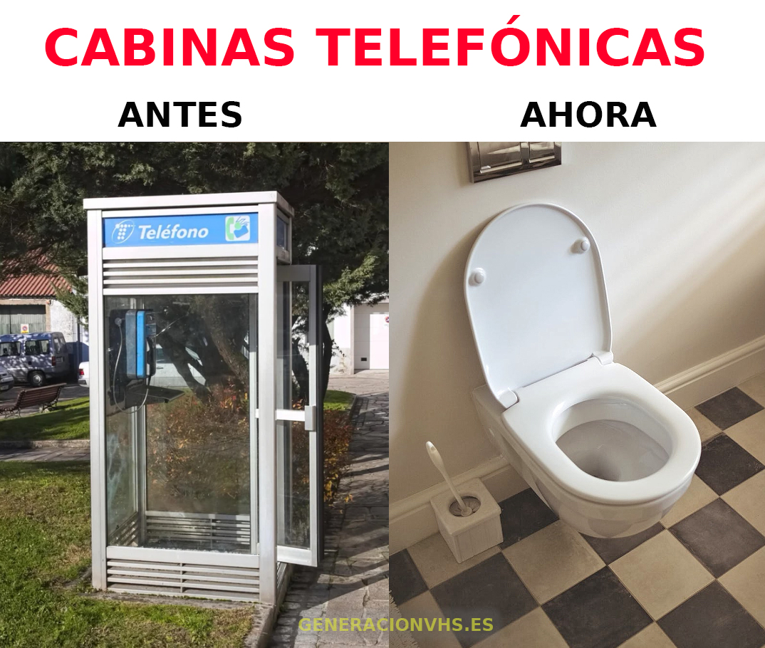 A la izquierda, una cabina telefónica de Telefónica en la calle; a la derecha, un inodoro.
