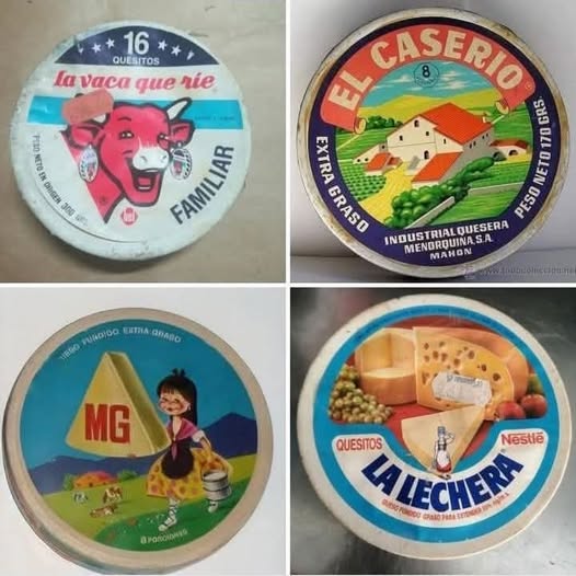 Tapas de cajas de quesitos La vaca que ríe, El Caserío, MG y La Lechera.