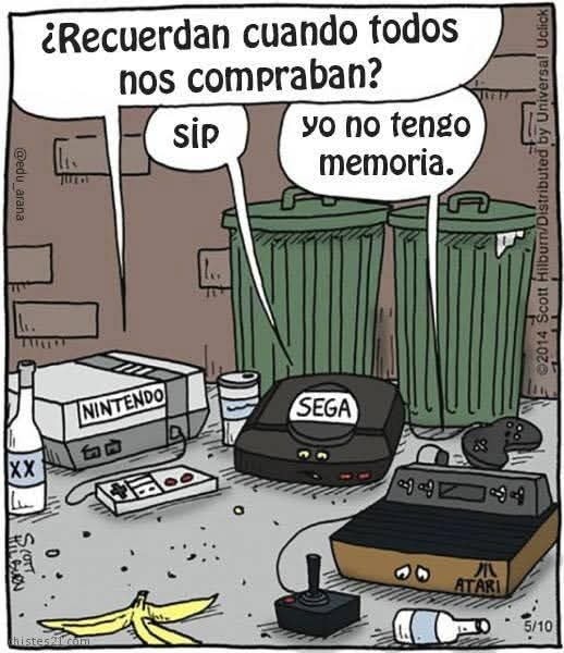 Viñeta con consolas antiguas junto a cubos de basura.