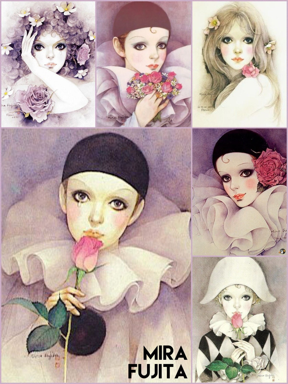 Láminas de Mira Fujita con pierrots y chicas de ojos grandes.